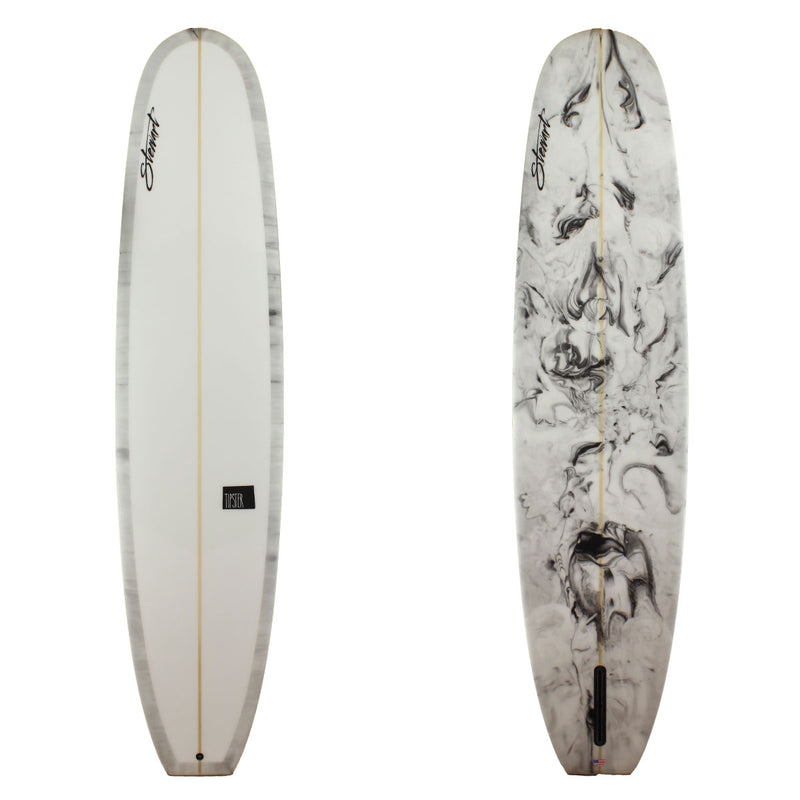 Stewart Surfboards 9'4 TIPSTER with grey black marble resin swirl bottom and rails, clear white deck