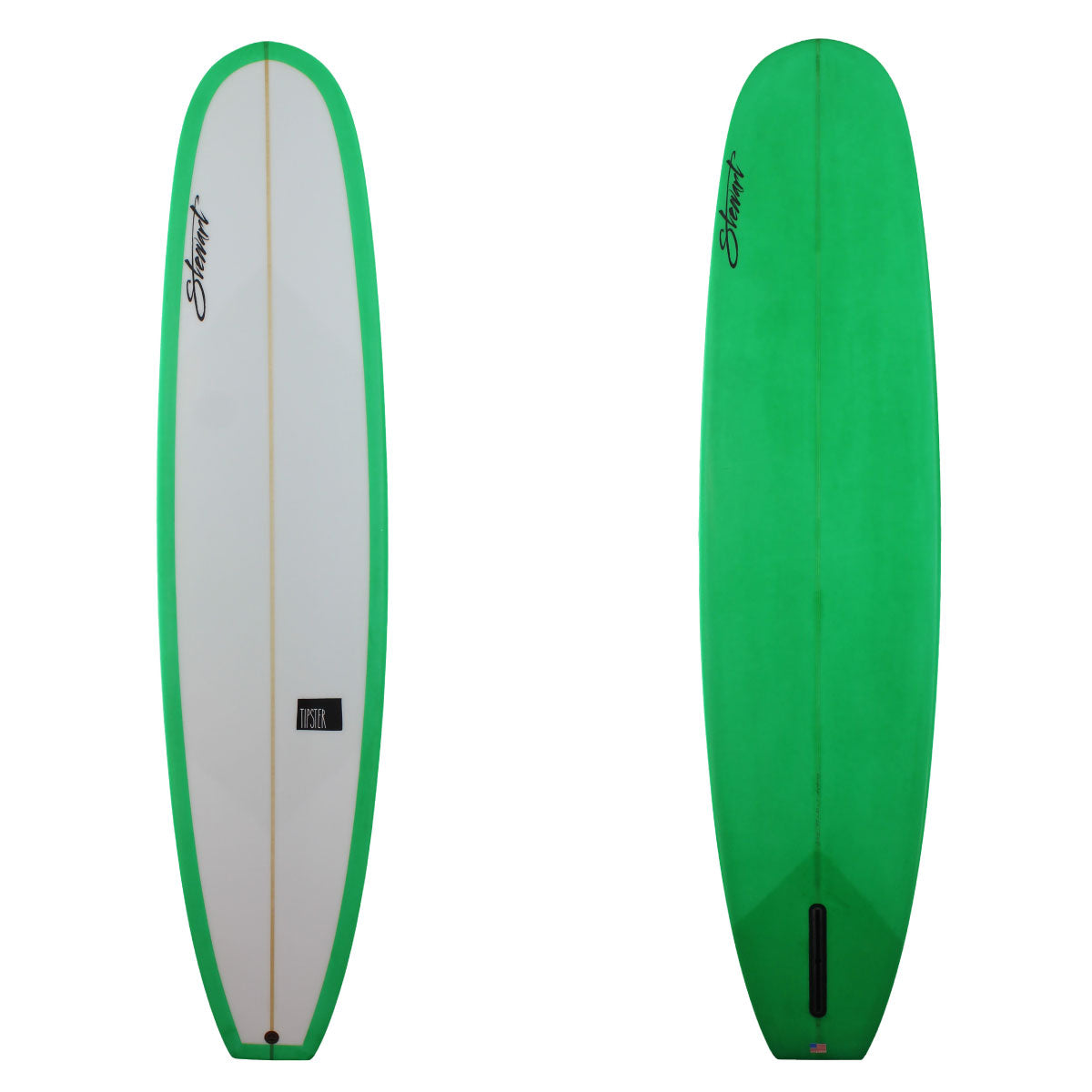 Stewart Surfboards 9'0 TIPSTER with green resin tint bottom and rails, clear white deck