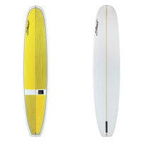 stewart tipster longboard with yellow deck panels and clear bottom