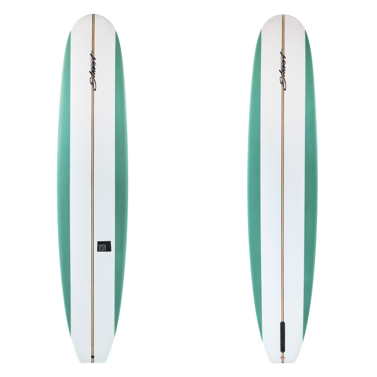 stewart tipster longboard with green rails and t band stringer