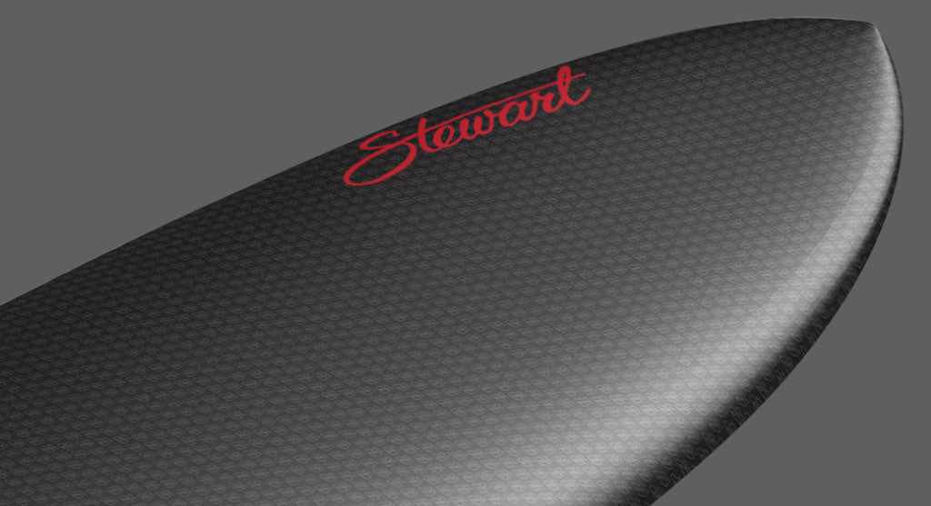 detail view of the black EVA foam with red logo on the nose of the Stewart HydroCush Fartknocker SBD alternative shortboard soft top surfboard