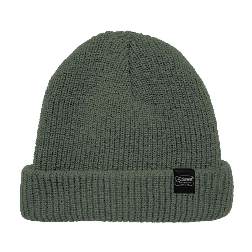Green knit beanie with a brand logo on a white background