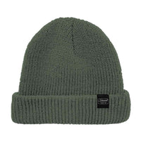 Green knit beanie with a brand logo on a white background