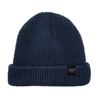 Blue knit beanie with a brand logo on a white background