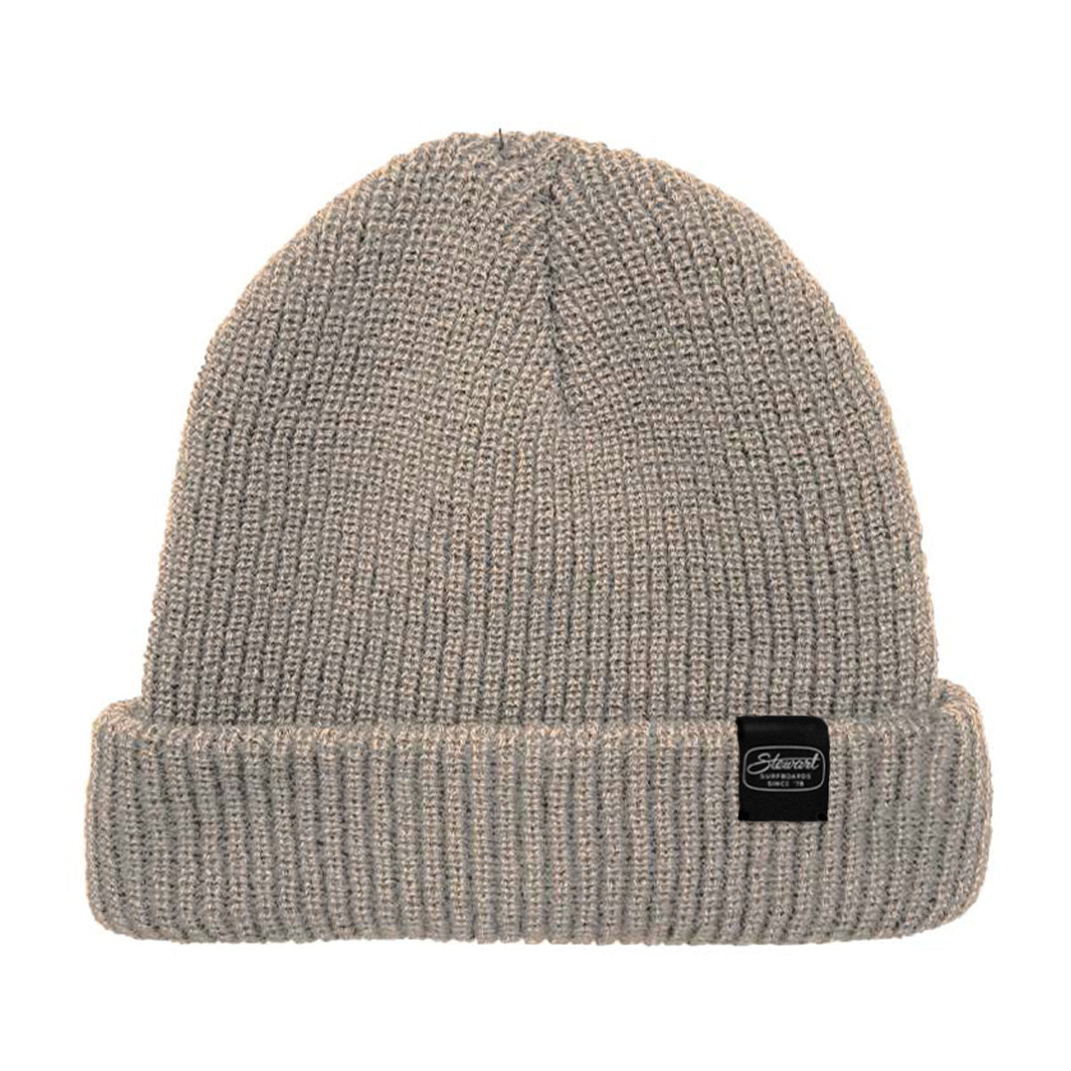 Gray knit beanie with a brand logo on a white background