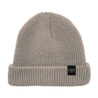 Gray knit beanie with a brand logo on a white background