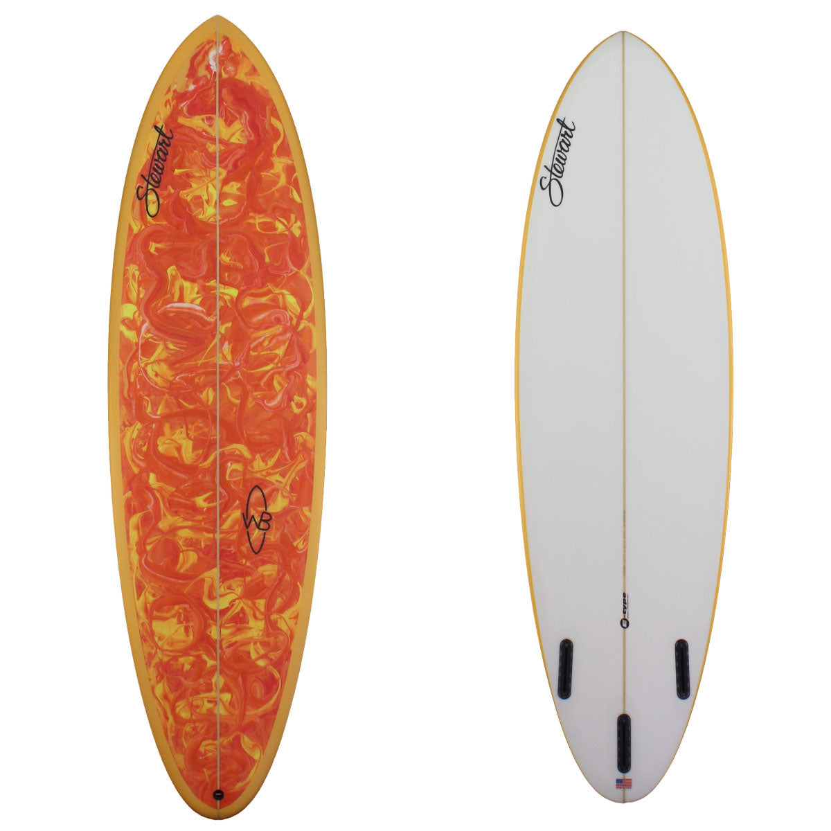 deck and bottom view of wild bill with orange and yellow paint swirl