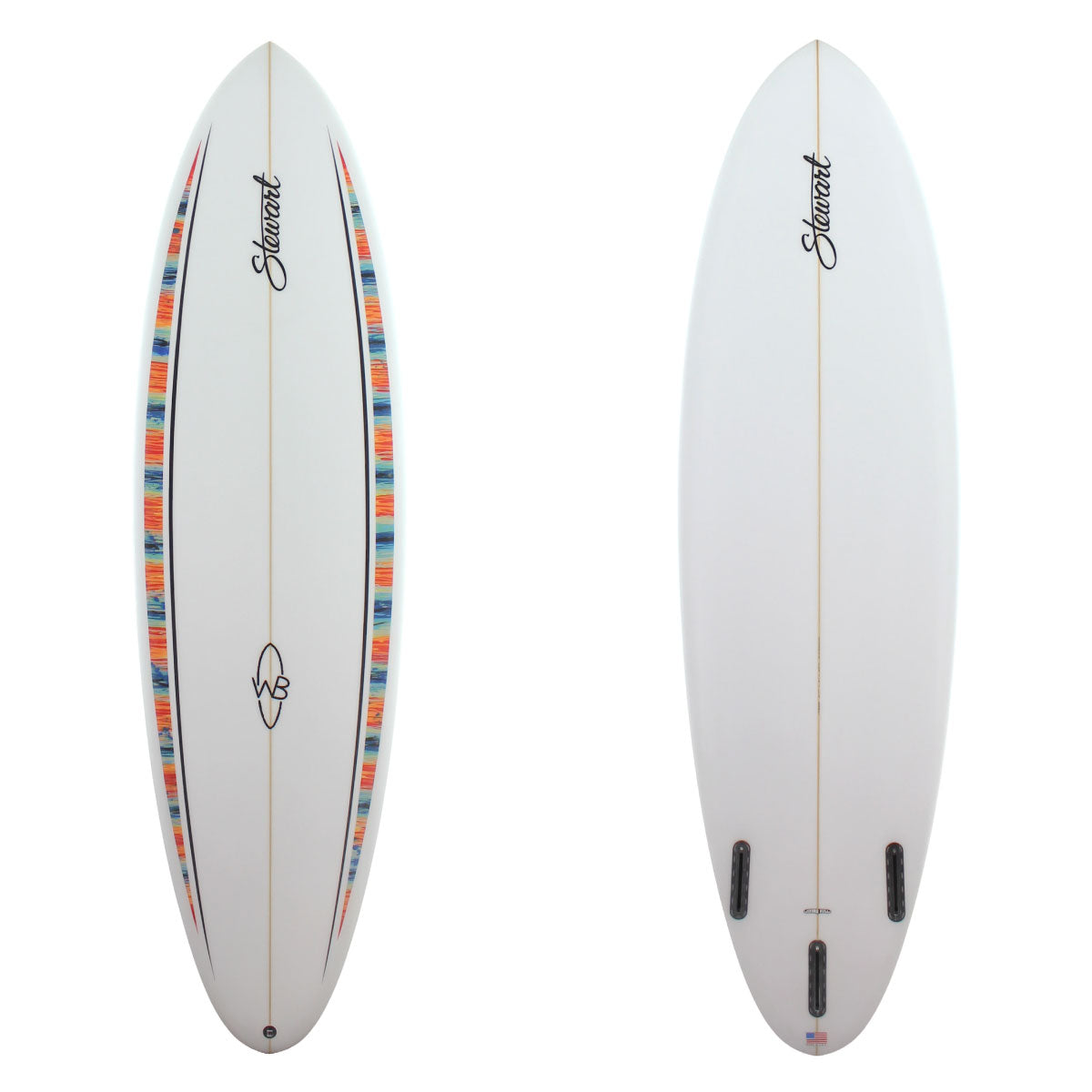 stewart wildbill mid length surfboard with rail panels colorful