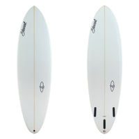 wild bill mid length short board with a clear glassjob and black logos 