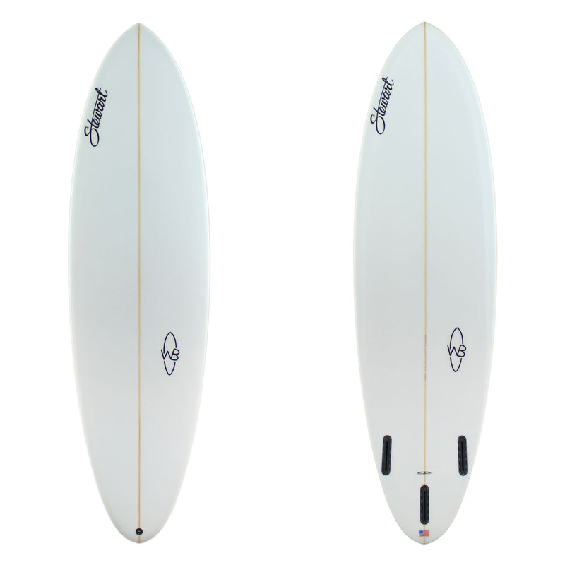 wild bill mid length short board with a clear glassjob and black logos 