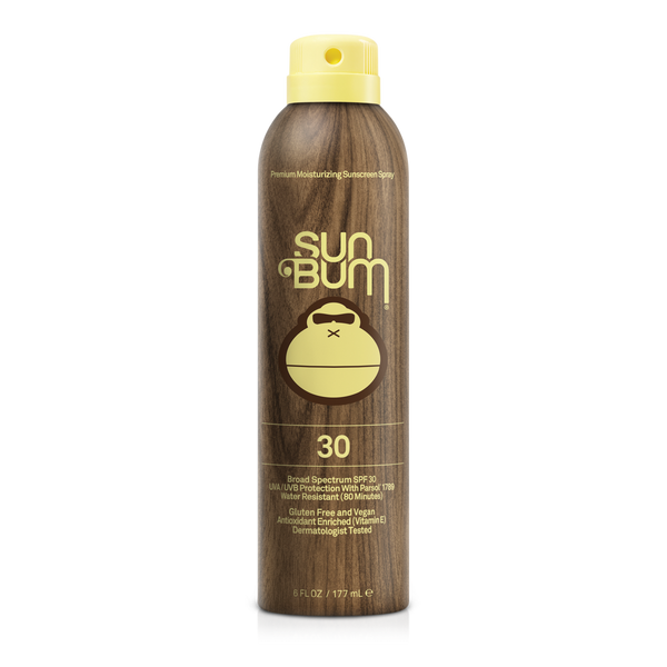 A spray bottle of SUN BUM ORIGINAL SPRAY SUNSCREEN 6OZ with SPF 30 indication, predominantly beige in color with a yellow cap.