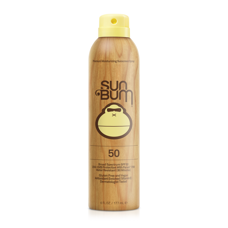 A spray bottle of SUN BUM ORIGINAL SPRAY SUNSCREEN 6OZ with SPF 50 indication, predominantly beige in color with a yellow cap.
