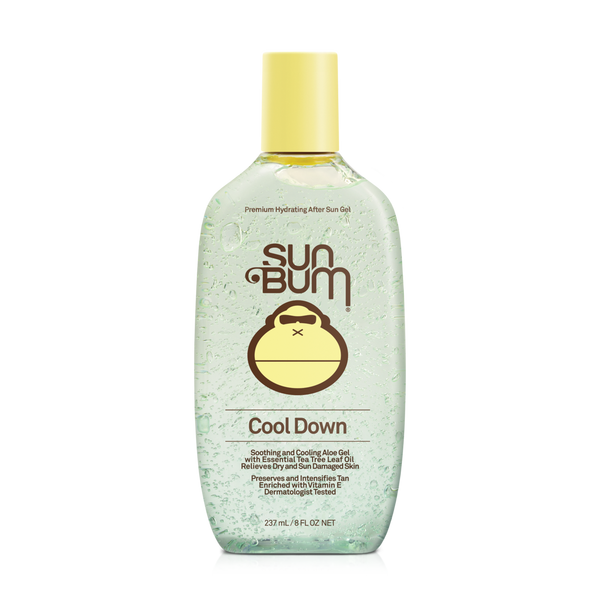 A plastic bottle of Sun Bum after sun cool down gel with a yellow cap, labeled for soothing sun-baked skin.