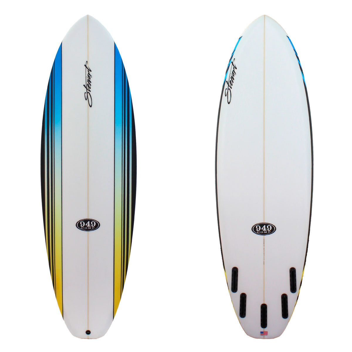 Stewart Surfboards 6'0" 949-Comp with blue fade to yellow stripes and black stripes on deck and clear white bottom