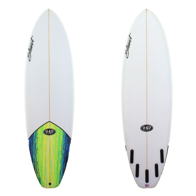 Stewart Surfboards 6'0" 949-Comp with blue-green-yellow swirl on tail of deck and clear white bottom