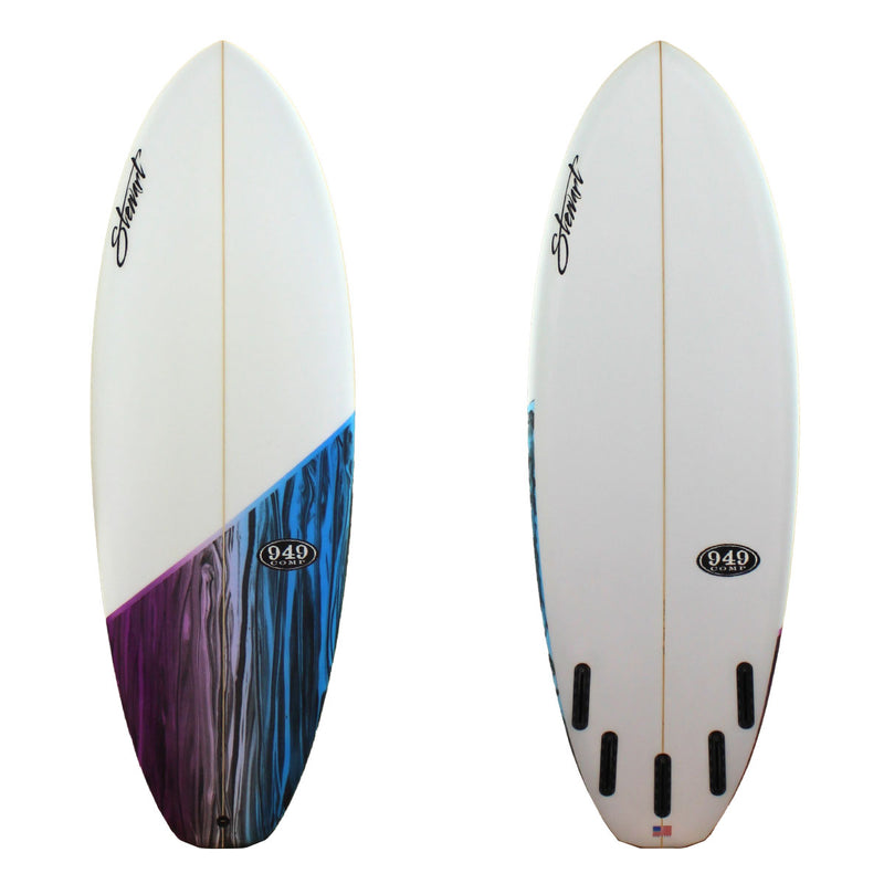 Stewart Surfboards 5'9" 949-Comp with purple-blue-black deck panel and clear white bottom