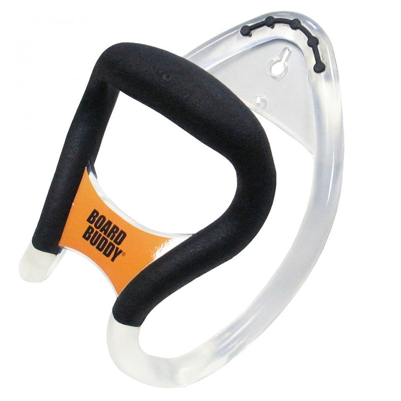 A clear and black surfboard carrier with the text 'BOARD BUDDY' on it.