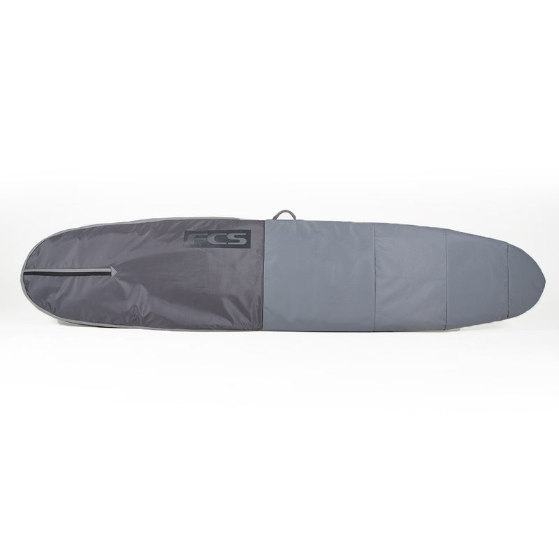 A gray surfboard bag with, designed for funboards/longboards.