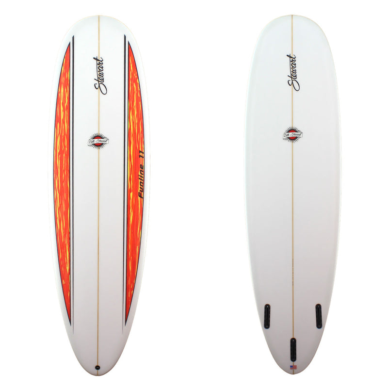 Stewart Surfboards 7'0 FUNLINE 11 with red-yellow deck panels and black pinlines, clear white bottom and rails