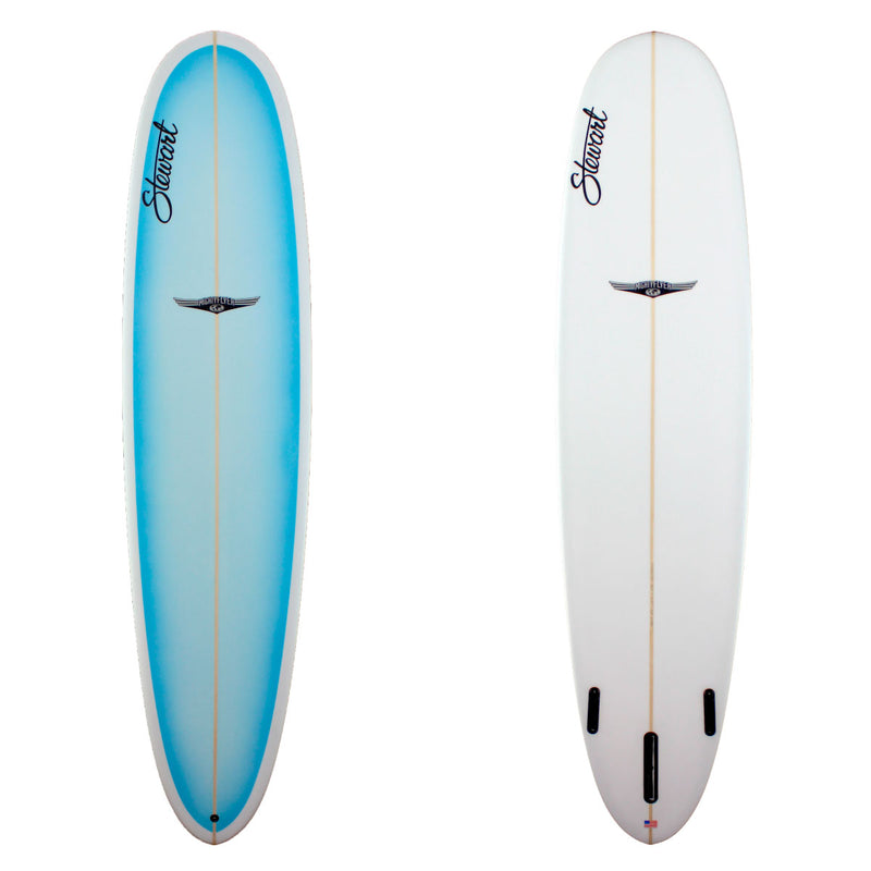 Stewart Surfboards 8'6" Mighty Flyer with blue fade deck panel and clear white bottom and rails
