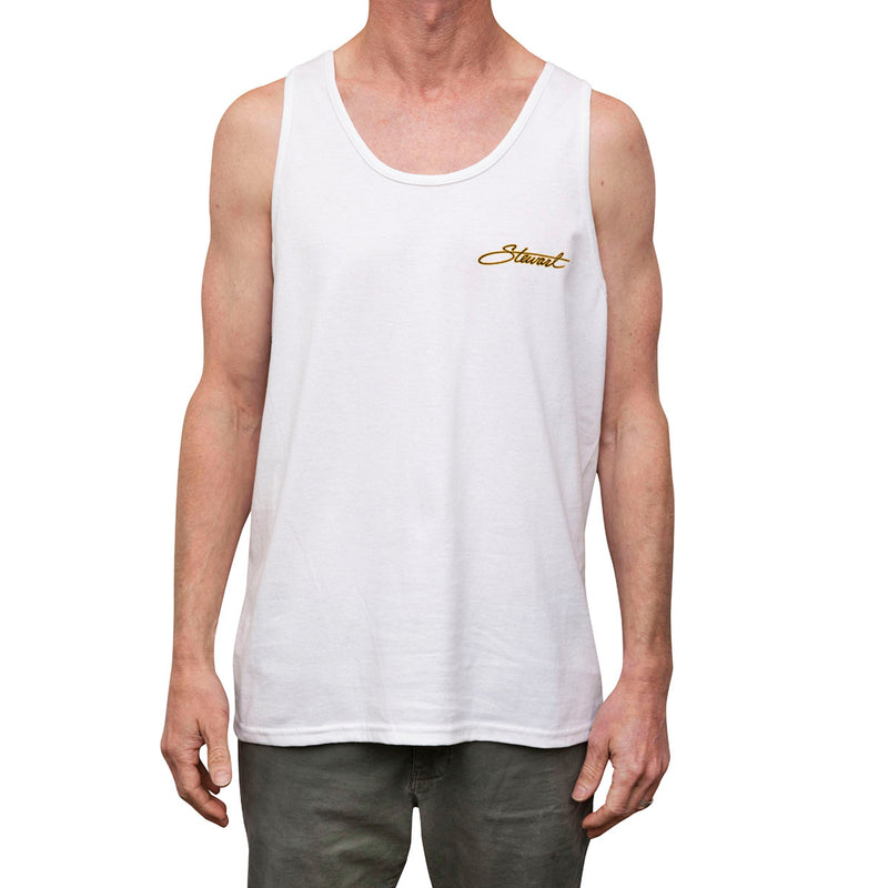 Product shot - back view of Stewart Trestles tank top on a guy on white background