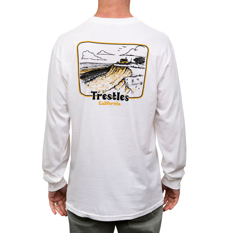 Product shot - back view of Stewart Trestles long-sleeve shirt on a guy on white background