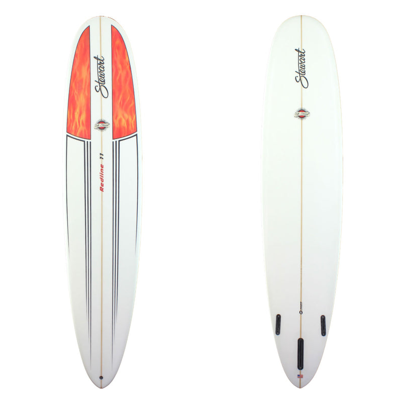 Stewart Surfboards Redline 11 longboard (9'0", 23", 3") with red/yellow deck panel and black pinlines on deck