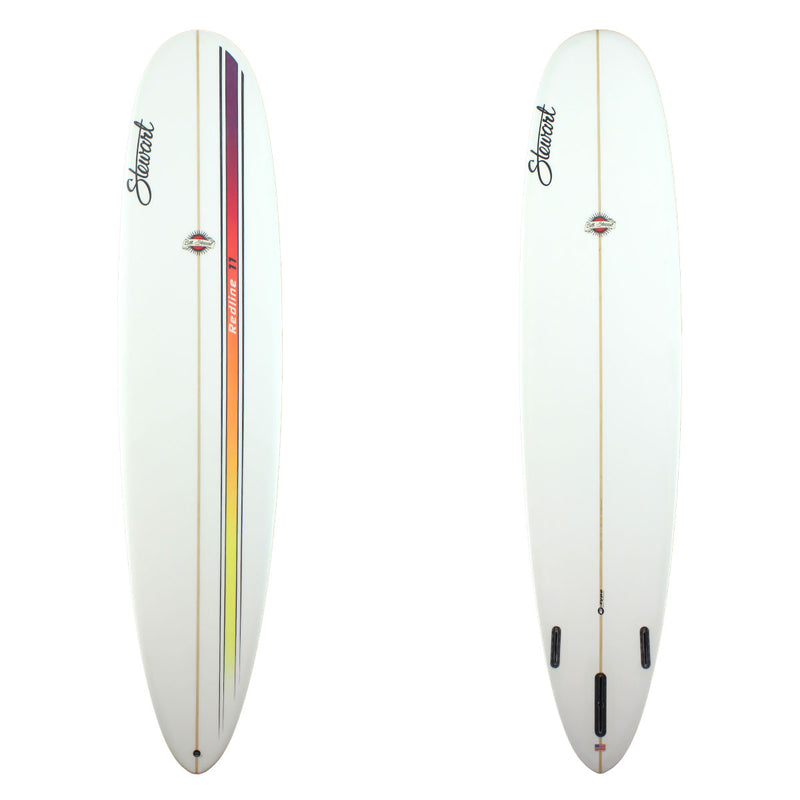 Stewart Surfboards Redline 11 longboard (9'0", 23", 3") with multi-color and black stripes on deck