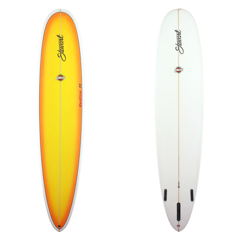 Stewart Surfboards Redline 11 longboard (9'0", 22 7/8", 2 7/8") with orange/yellow deck panel and black pinline on deck