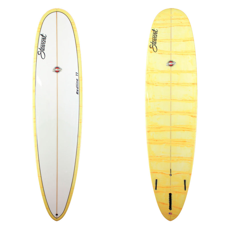 Stewart Surfboards Redline 11 longboard (9'0", 23 3/4", 3 1/2") with yellow stripe resin swirl on bottom and rails, Gloss & Polish