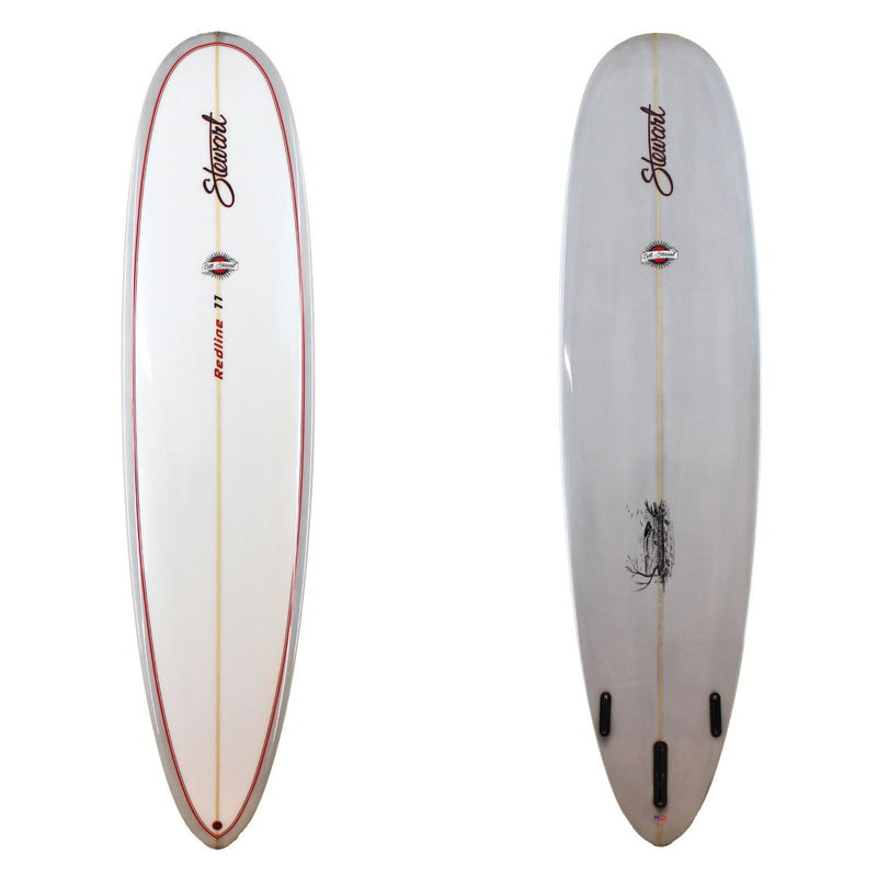 Stewart Surfboards Redline 11 longboard (9'0", 24", 3 1/4") with grey resin tint bottom and rails, custom Bill Stewart drawing on bottom, Polish & Gloss
