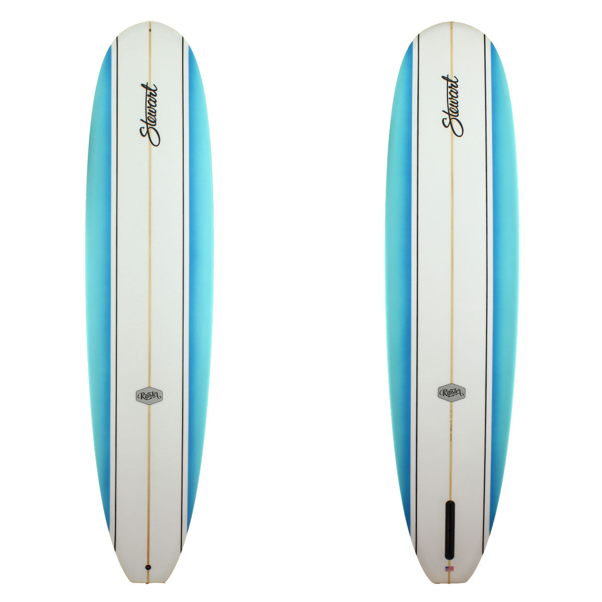Stewart Surfboards 9'2 Ripster with blue rail panels and black pinlines