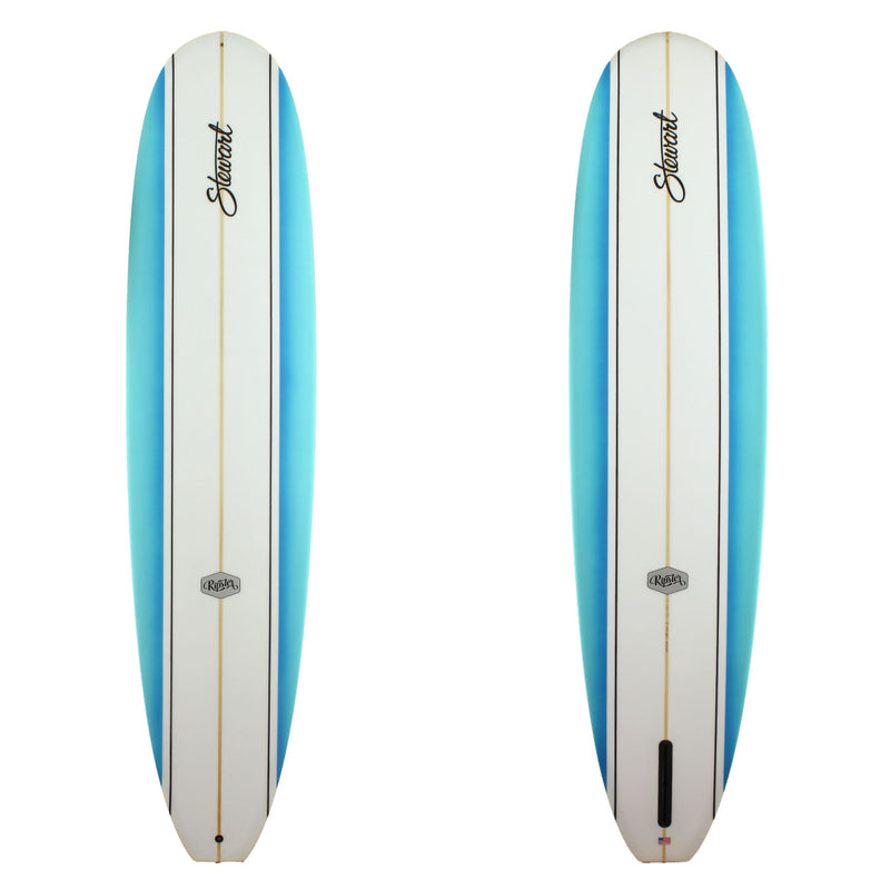 Stewart Surfboards 9'2 Ripster with blue rail panels and black pinlines