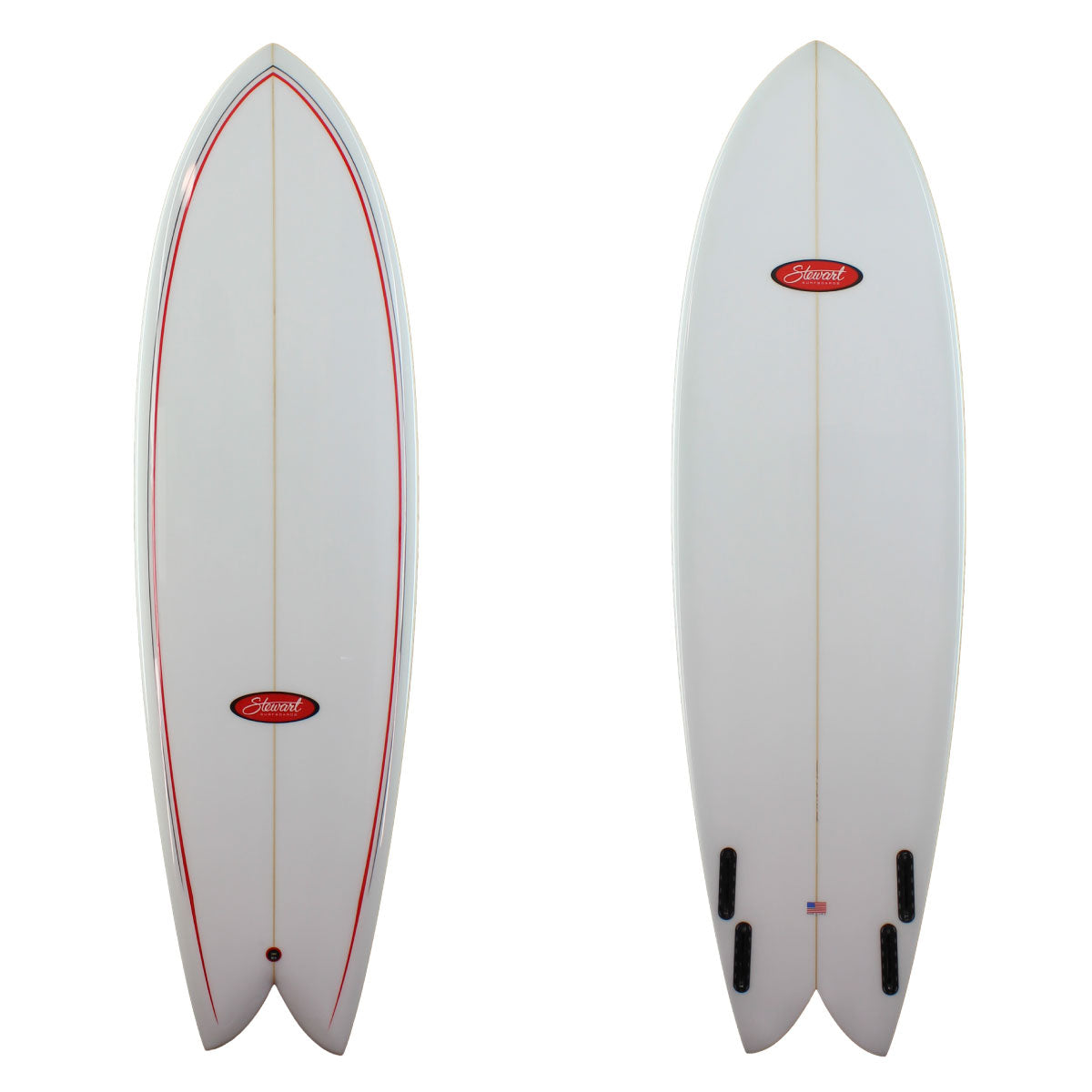 Stewart Surfboards 6'8" Retro Fish with red and black pinlines on deck, gloss and polish finish
