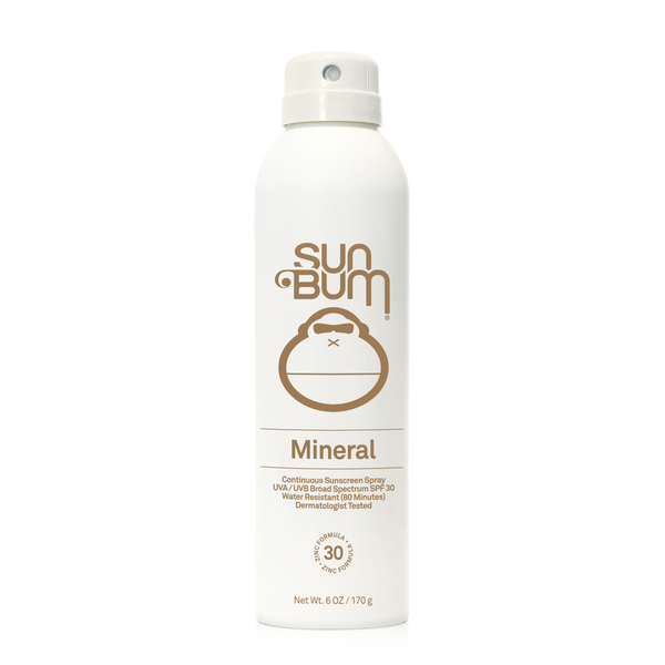 A white aerosol spray bottle with the Sun Bum Mineral logo and text, indicating SPF 30 protection.
