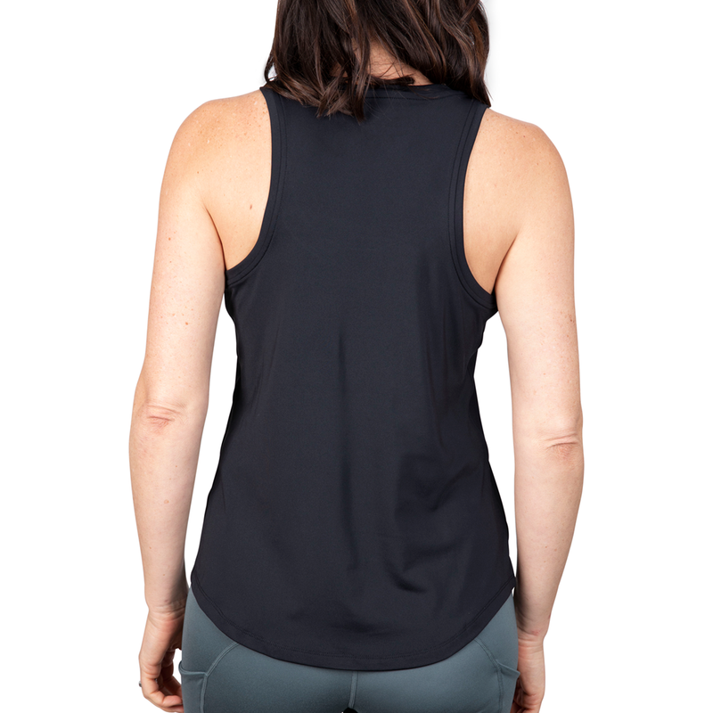 Back view of black tank top on model