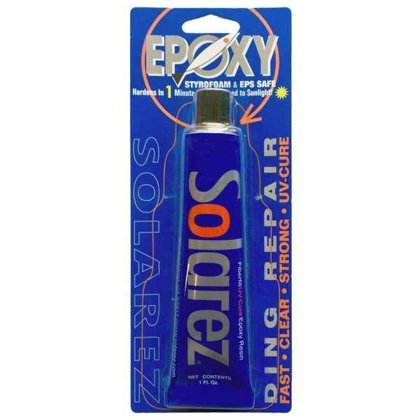 A package containing a tube labeled 'Solarez Epoxy' for ding repair on a surfboard.