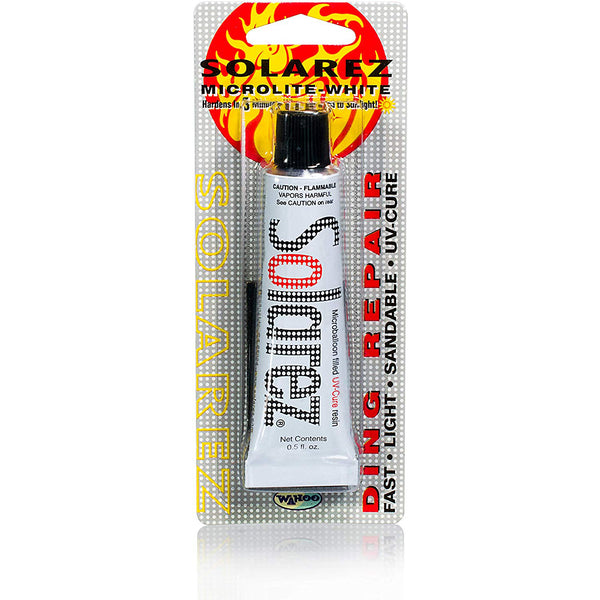 A tube of SOLAREZ MICROLITE DING REPAIR RESIN, with packaging showing the product name and description, surfboard repair supplies.