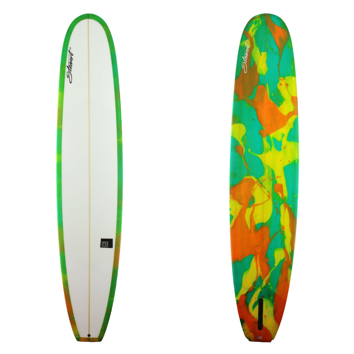 Stewart Surfboards 10'0 TIPSTER with green, orange, yellow resin swirl bottom and rails, clear white deck