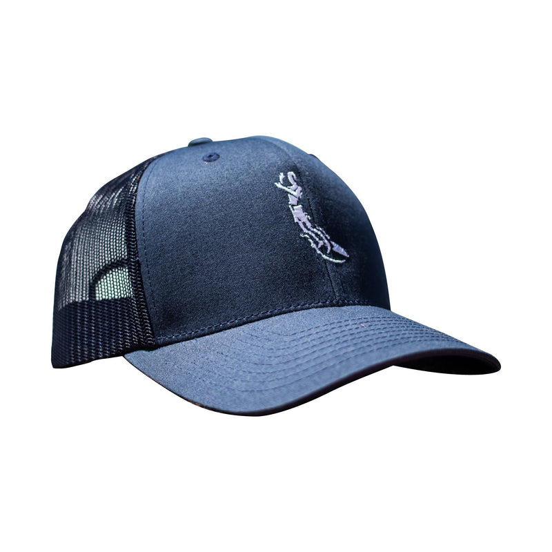 A blue trucker hat with a mesh back and an embroidered logo on the front.