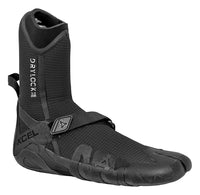 A black XCEL wetsuit boot with a high upper part and a pull-up loop at the ankle, featuring straps and branding on the side.