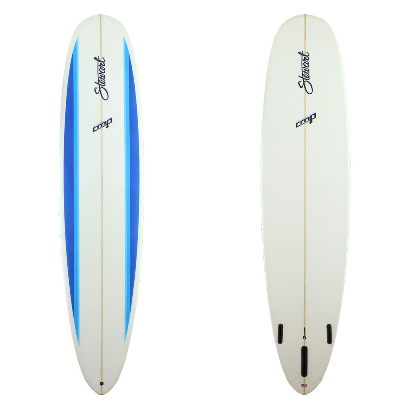 Stewart Surfboards 9'0 CMP longboard with multi color blue deck panels, clear white bottom and rails
