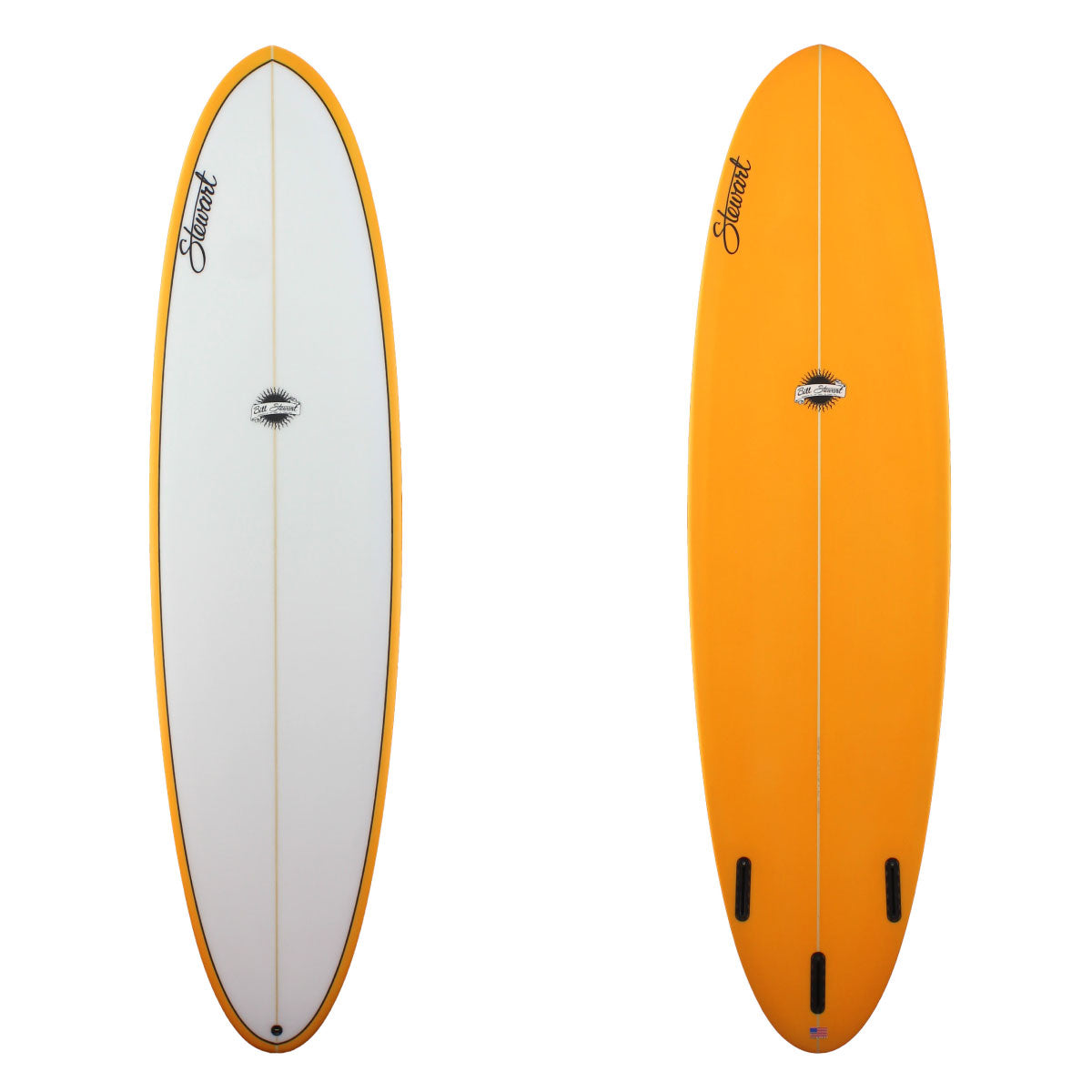 Stewart Surfboards 7'6" Funboard with orange painted bottom and rails and black pinline on deck