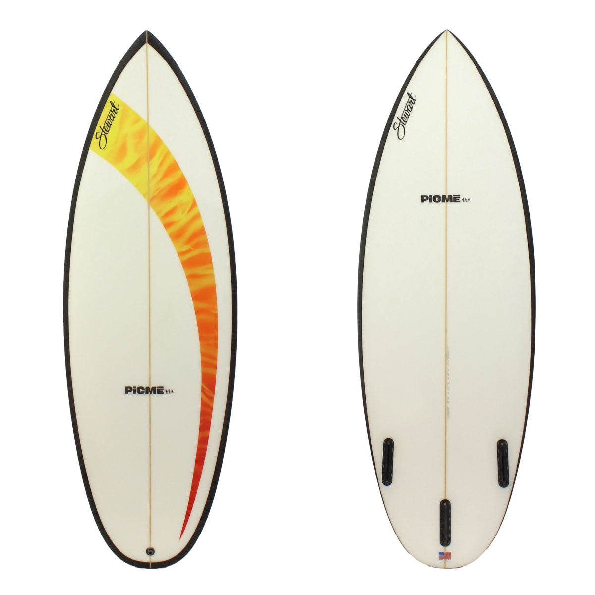 Stewart Surfboards 5'6 Pigme with black rails and yellow to orange fade stripe