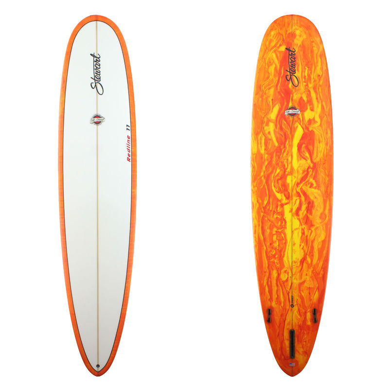 Stewart Surfboards Redline 11 longboard (9'0", 23 1/2, 3 3/4") with red and yellow resin swirl bottom and rails, black pinline on deck