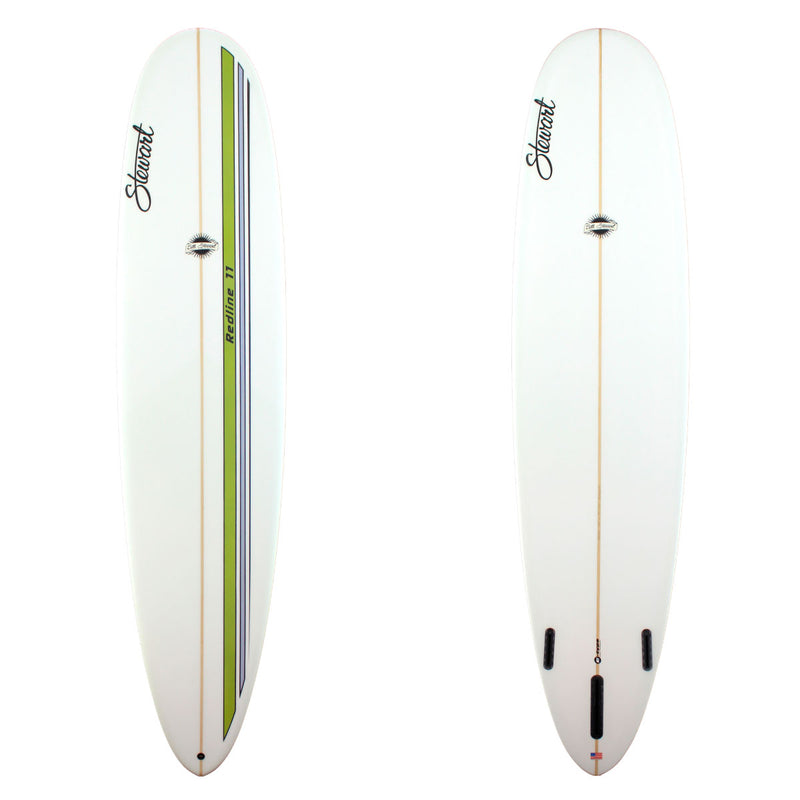 Stewart Surfboards Redline 11 longboard (9'0", 23", 3 1/4") with green, grey and black stripes on deck