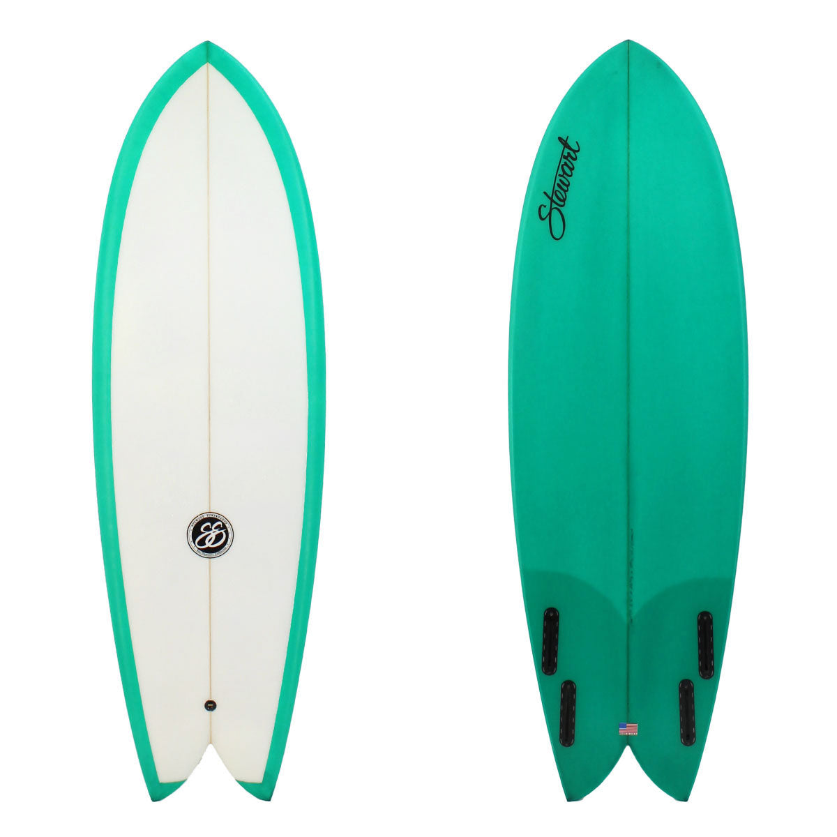 Stewart Surfboards 5'6 Retro Fish with aqua resin tint bottom and rails