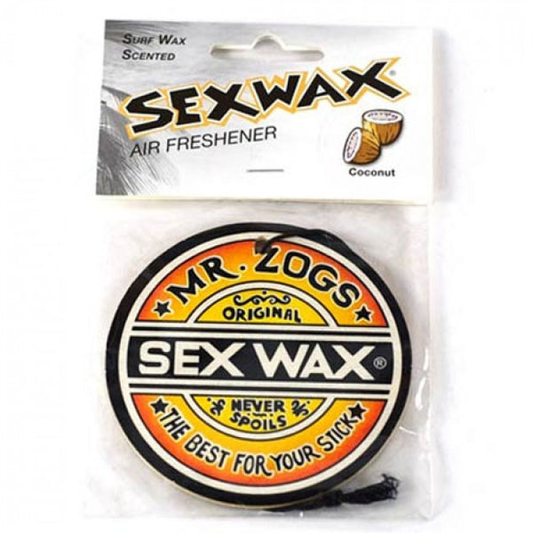 Sex Wax Air Freshener with a predominantly orange and yellow color scheme, featuring the 'MR. ZOGS' logo and a coconut scent, packaged in a clear plastic casing with a white header card.