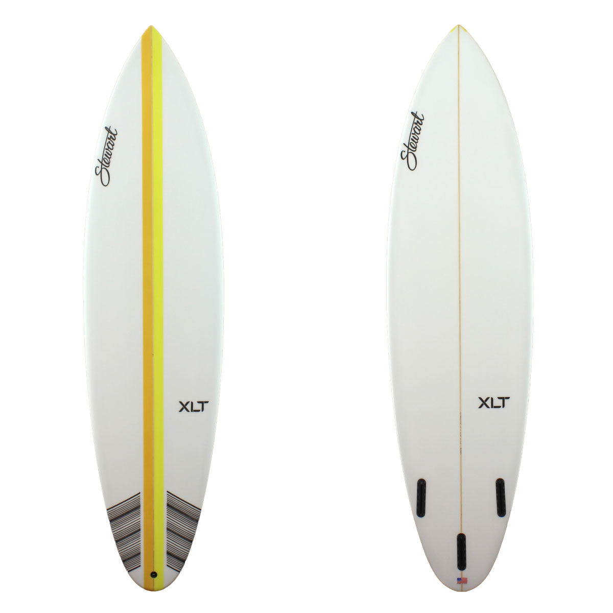 Stewart Surfboards 7'2" XLT shortboard with a mustard and a light yellow stripe on deck
