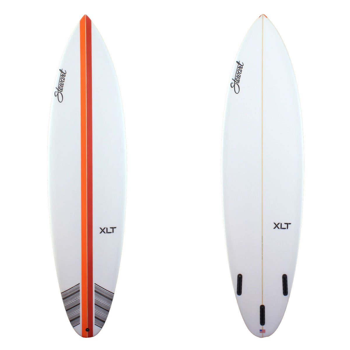 Stewart Surfboards 7'4" XLT shortboard with a orange and a red stripe on deck